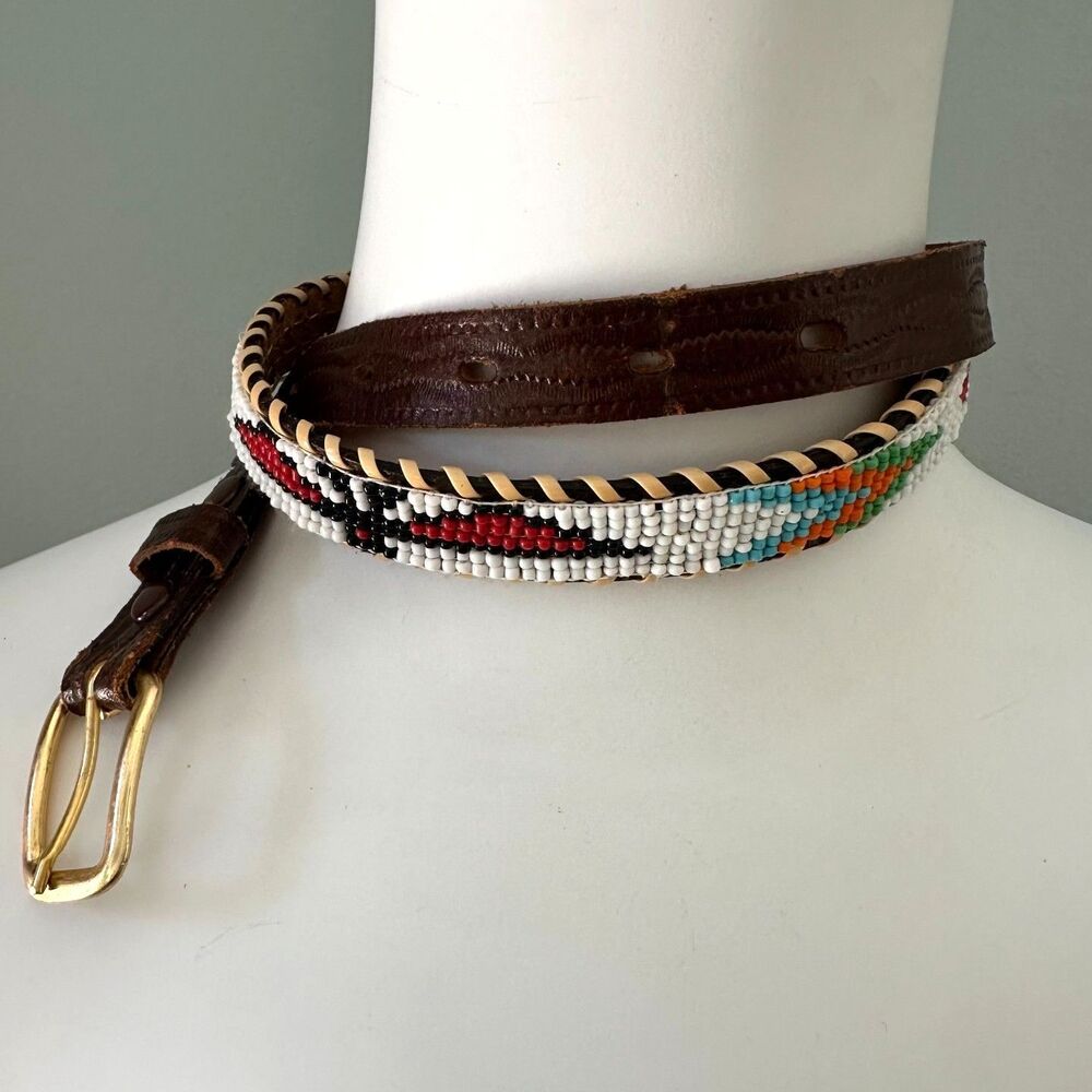 Vintage Beaded Western Belt Seed Bead Geometric Thunderbird Southwestern Boho - Picture 3 of 15